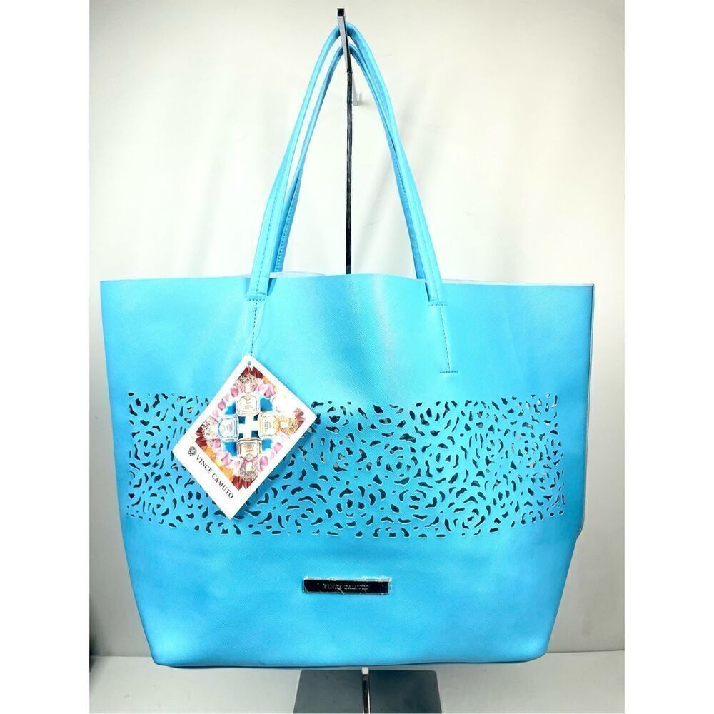Vince Camuto Sky Blue Laser Cut Large Vinyl Tote Beach Bag Carryall NWT